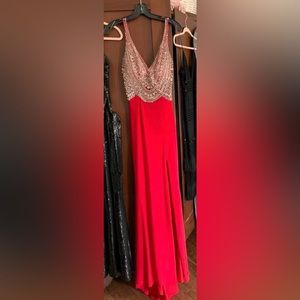 Size 2 Angela & Allison Red beaded Vneck sleeveless side split formal Dress